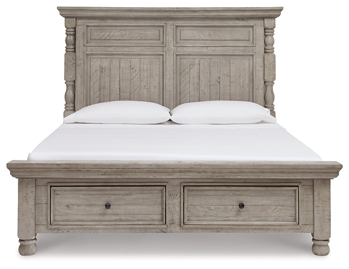 Cama California King con paneles Harrastone, tocador con espejo, cómoda y dos mesitas de noche